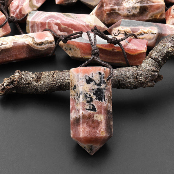 Natural Rhodochrosite Obelisk Point Pendant Side Drilled Tower Pendulum Healing Crystal A10