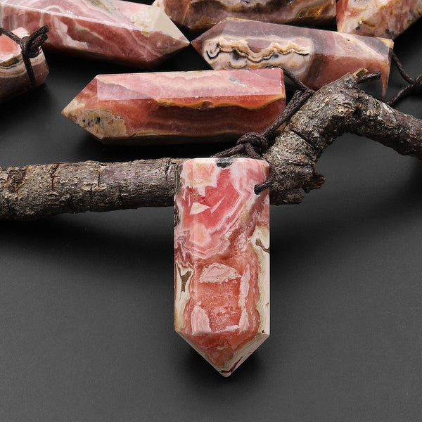 Natural Rhodochrosite Obelisk Point Pendant Side Drilled Tower Pendulum Healing Crystal A11