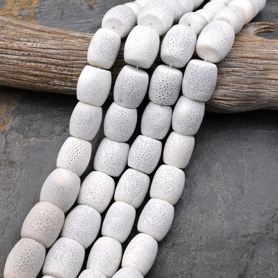 Large Natural White Sponge Coral Beads Drum Gemstone 15.5" Strand