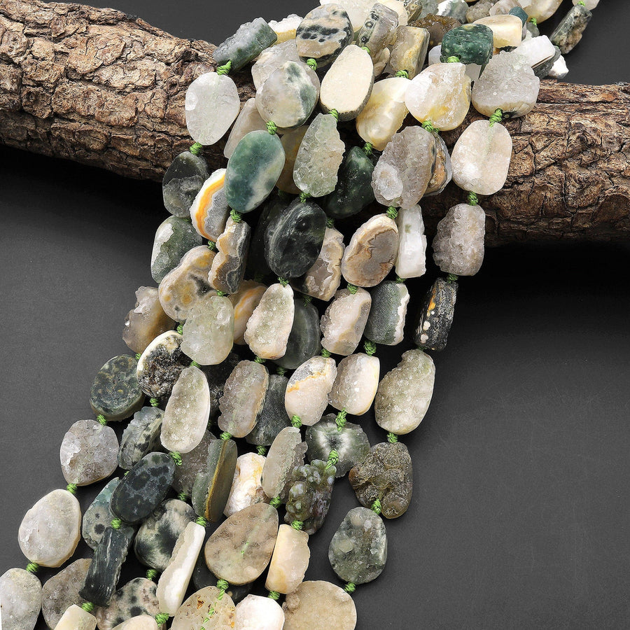 Natural Ocean Jasper Beads Raw Druzy Drusy Freeform Oval Nuggets Green Orbs Eyes High Quality Gemstone 15.5" Strand