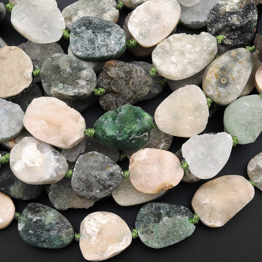 Natural Ocean Jasper Beads Raw Druzy Drusy Freeform Oval Nuggets Green Orbs Eyes High Quality Gemstone 15.5" Strand