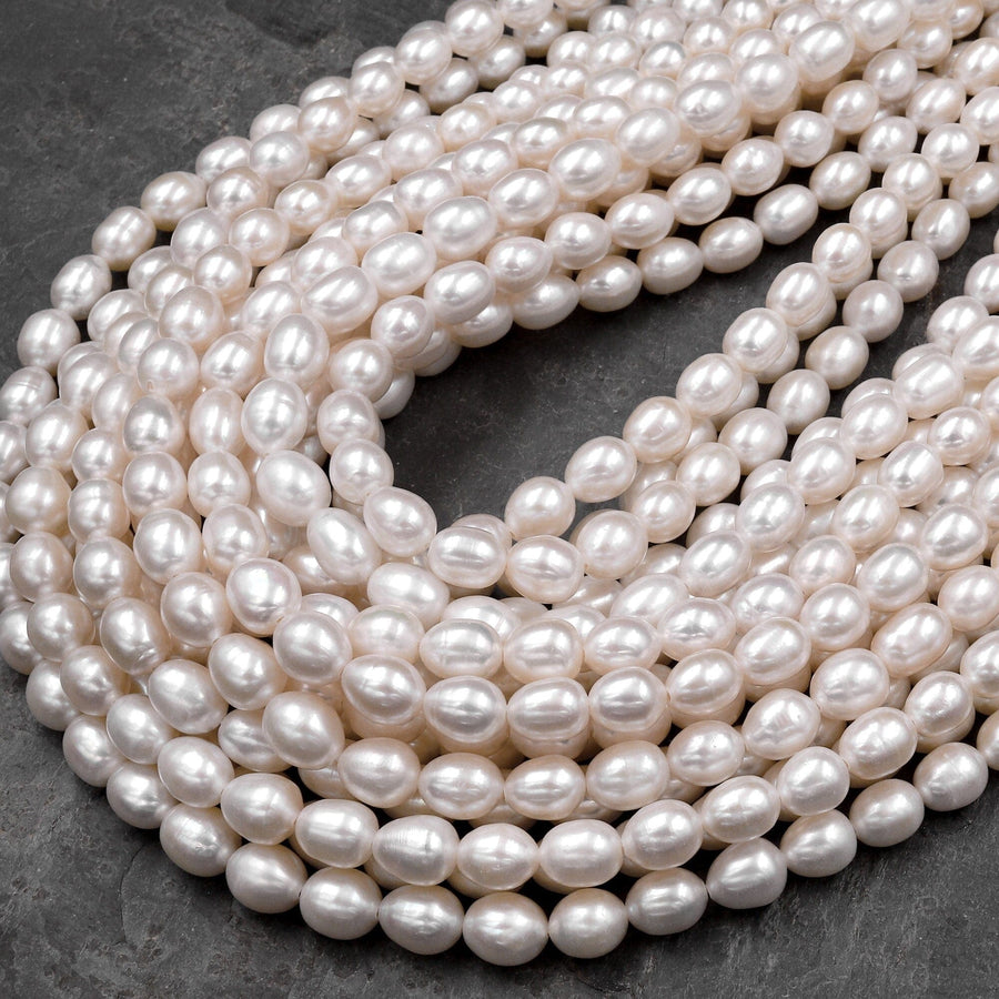 Genuine White Freshwater Potato Oval 5x7mm 6x8mm Pearl Shimmery Iridescent Classic White Pearl 15.5" Strand