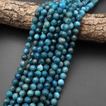 Faceted Natural Blue Apatite Round Beads 8mm Micro Laser Diamond Cut Teal Gemstone 15.5" Strand