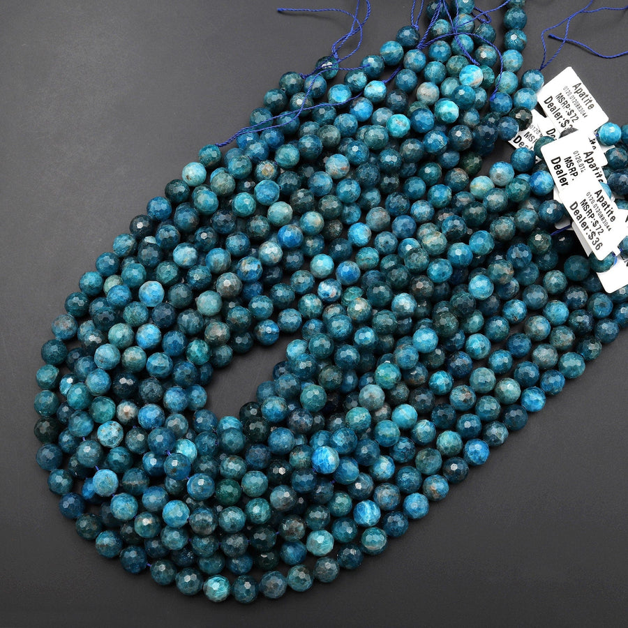 Faceted Natural Blue Apatite Round Beads 8mm Micro Laser Diamond Cut Teal Gemstone 15.5" Strand