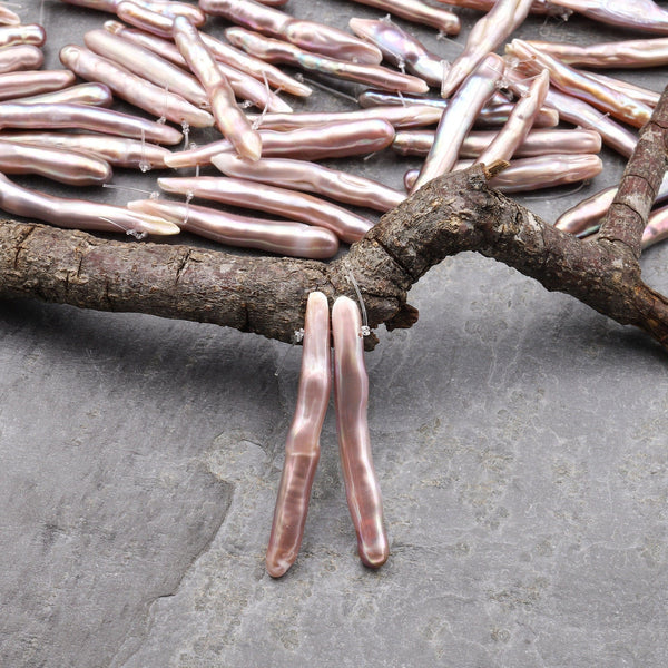 Rare Natural Mauve Pink Purple Long Biwa Stick Pearl Earrings Drilled Genuine Natural Freshwater Pearl Matched Pair A2