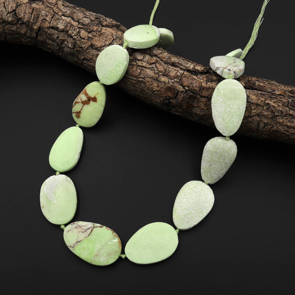 Large Natural Lemon Chrysoprase Freeform Oval Beads Hand Cut Gemstone 15.5" Strand