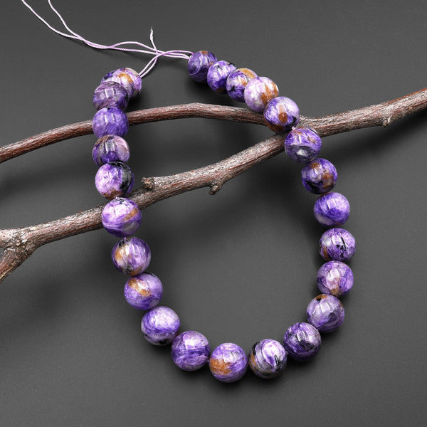AAA Natural Russian Purple Charoite 16mm Round Beads W Orange Garnet Matrix 15.5" Strand