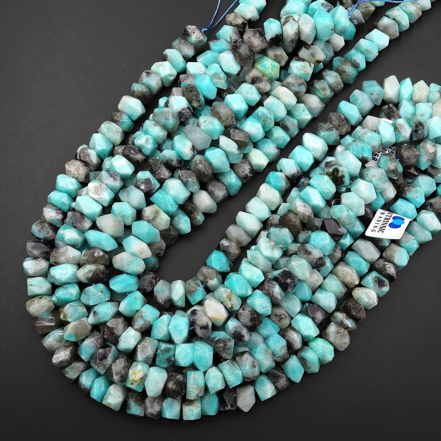 Large Faceted Natural Blue Amazonite Smoky Quartz Rectangle Rondelle Nugget Beads Center Drilled 15.5" Strand