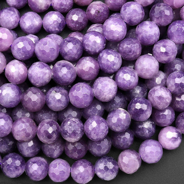 Faceted Natural Purple Lepidolite 8mm Round Beads 15.5" Strand