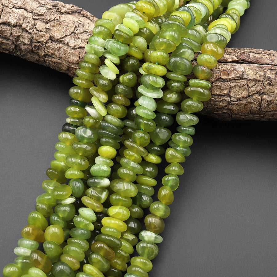 Large Natural Serpentine Jade Freeform Rondelle Disc Center Dilled Beads 15.5" Strand