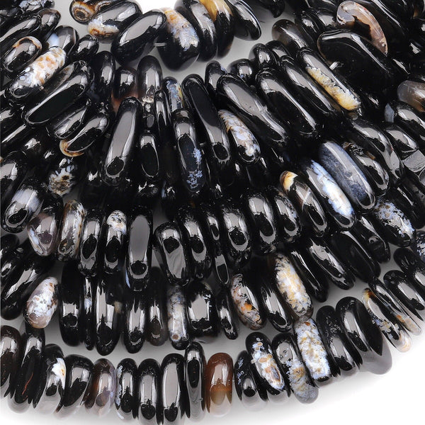 Large Natural Black Agate Freeform Rondelle Disc Center Dilled Beads 15.5" Strand