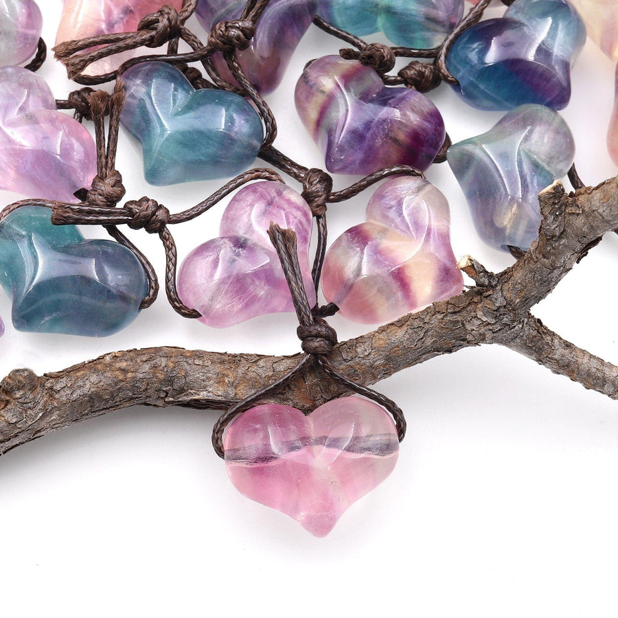 AAA Natural Rainbow Fluorite Puffy Heart Pendant Side Drilled Gemstone Crystal Focal Bead A1