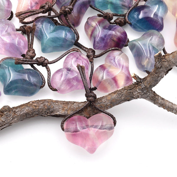 AAA Natural Rainbow Fluorite Puffy Heart Pendant Side Drilled Gemstone Crystal Focal Bead A1