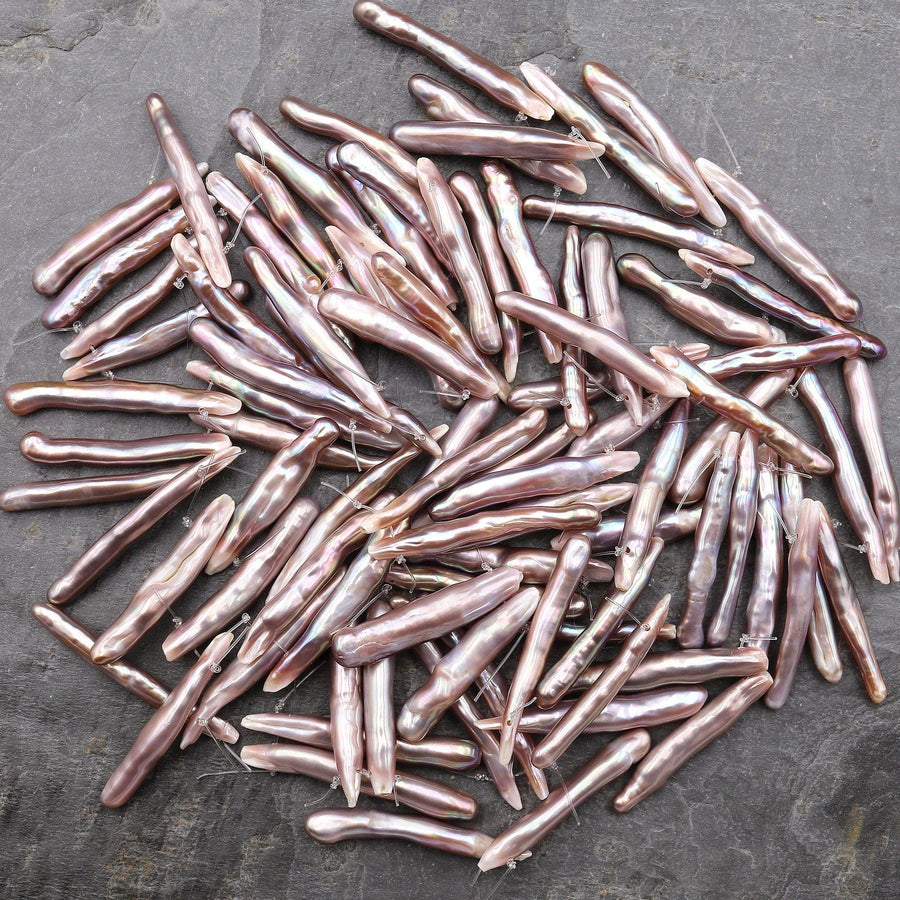 Rare Natural Mauve Pink Purple Long Biwa Stick Pearl Earrings Drilled Genuine Natural Freshwater Pearl Matched Pair