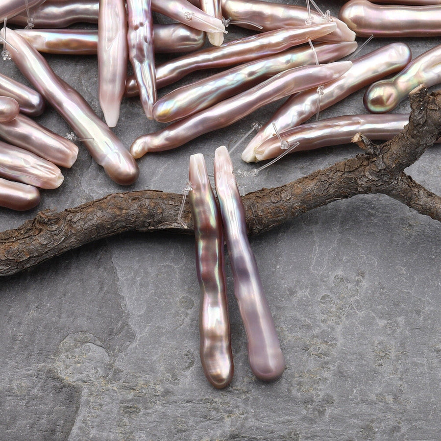 Rare Natural Mauve Pink Purple Long Biwa Stick Pearl Earrings Drilled Genuine Natural Freshwater Pearl Matched Pair