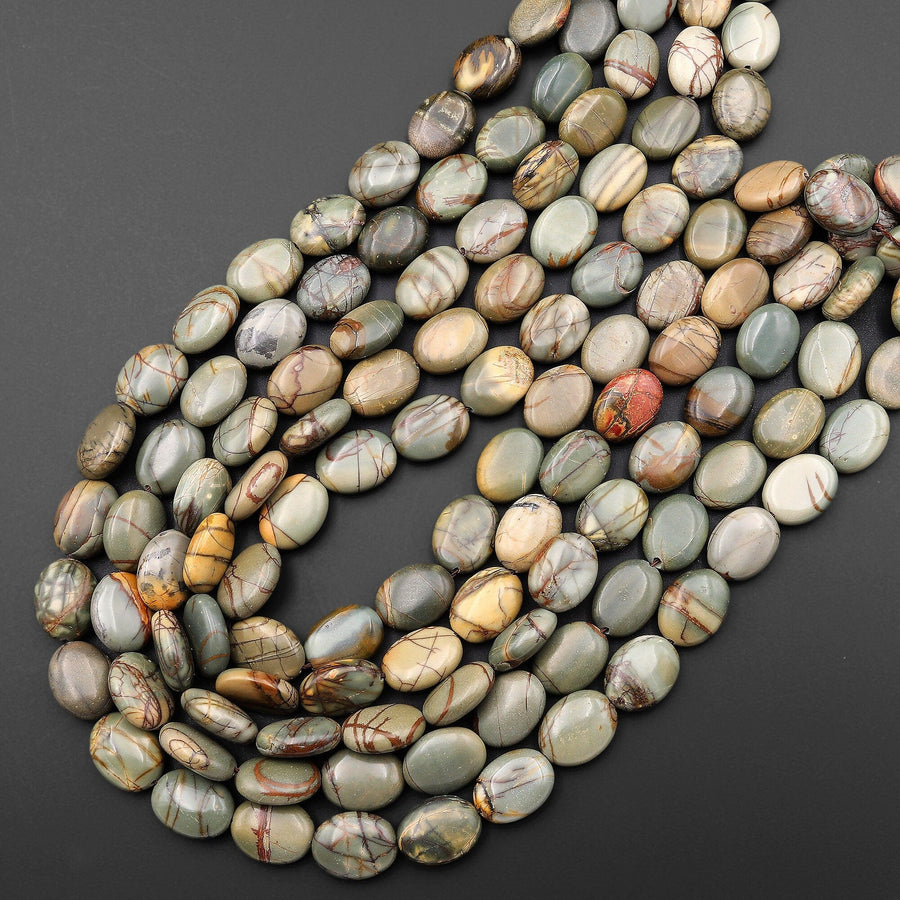 Natural Green Red Creek Jasper 13mm 16mm Oval Beads Earthy Green Brown 15.5" Strand