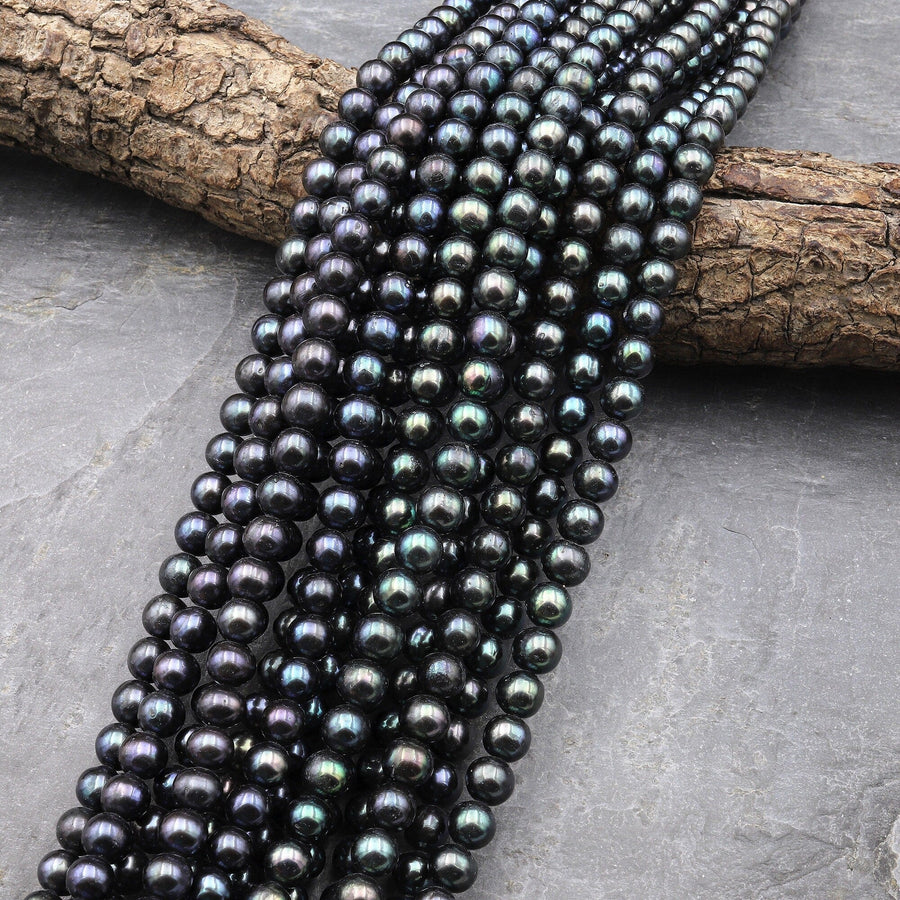 Black Peacock Freshwater Pearl 7mm Round Shimmery Iridescent Real Genuine Pearl 15.5" Strand