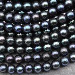 Black Peacock Freshwater Pearl 7mm Round Shimmery Iridescent Real Genuine Pearl 15.5" Strand