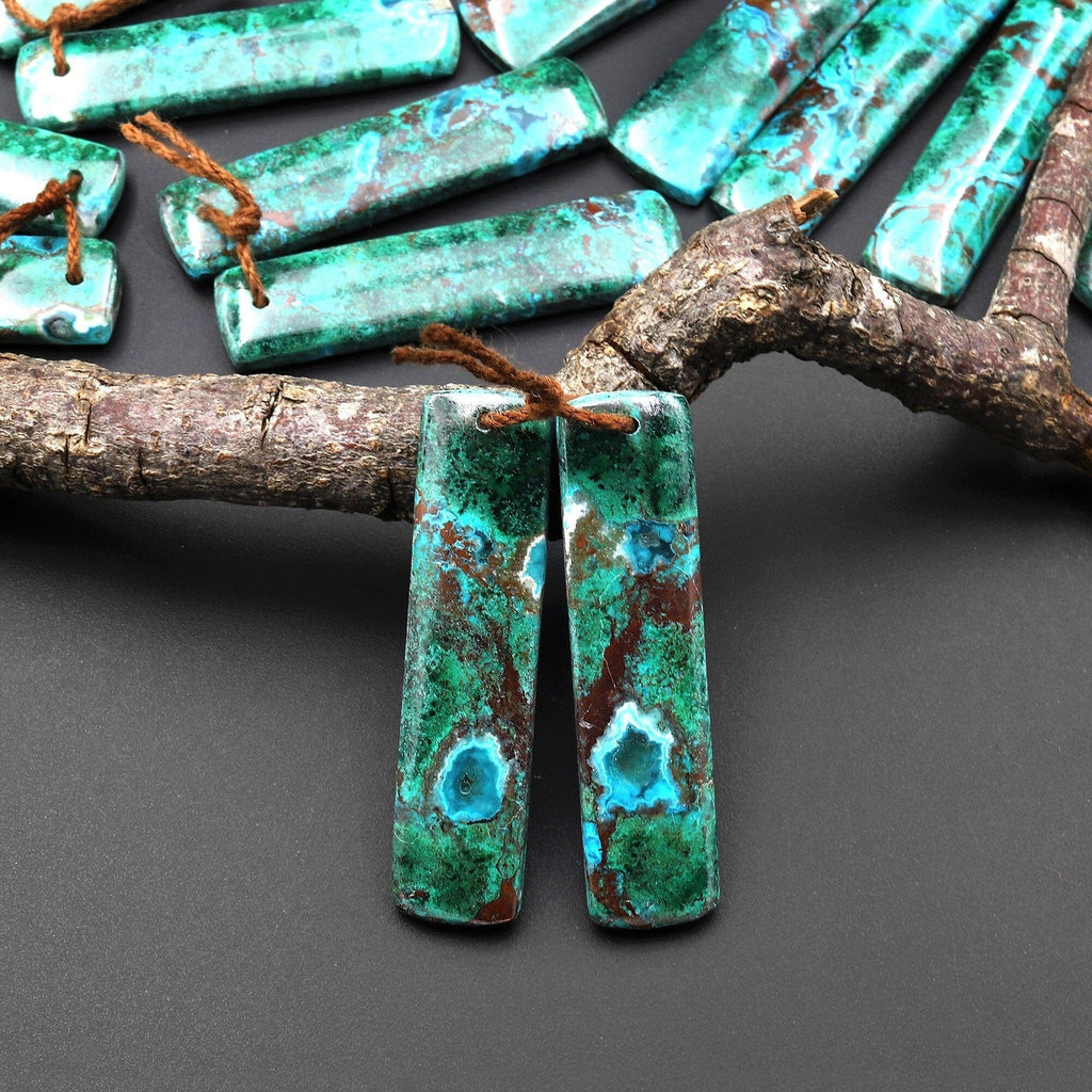 Rare Natural Malachite Chrysocolla Earring Rectangle Pair Gemstone Drilled Matched Cabochon Beads From Australia A2
