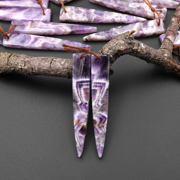 Drilled Natural Chevron Amethyst Earring Pair Dagger Modern Long Point Triangle Matched Gemstone Beads A1