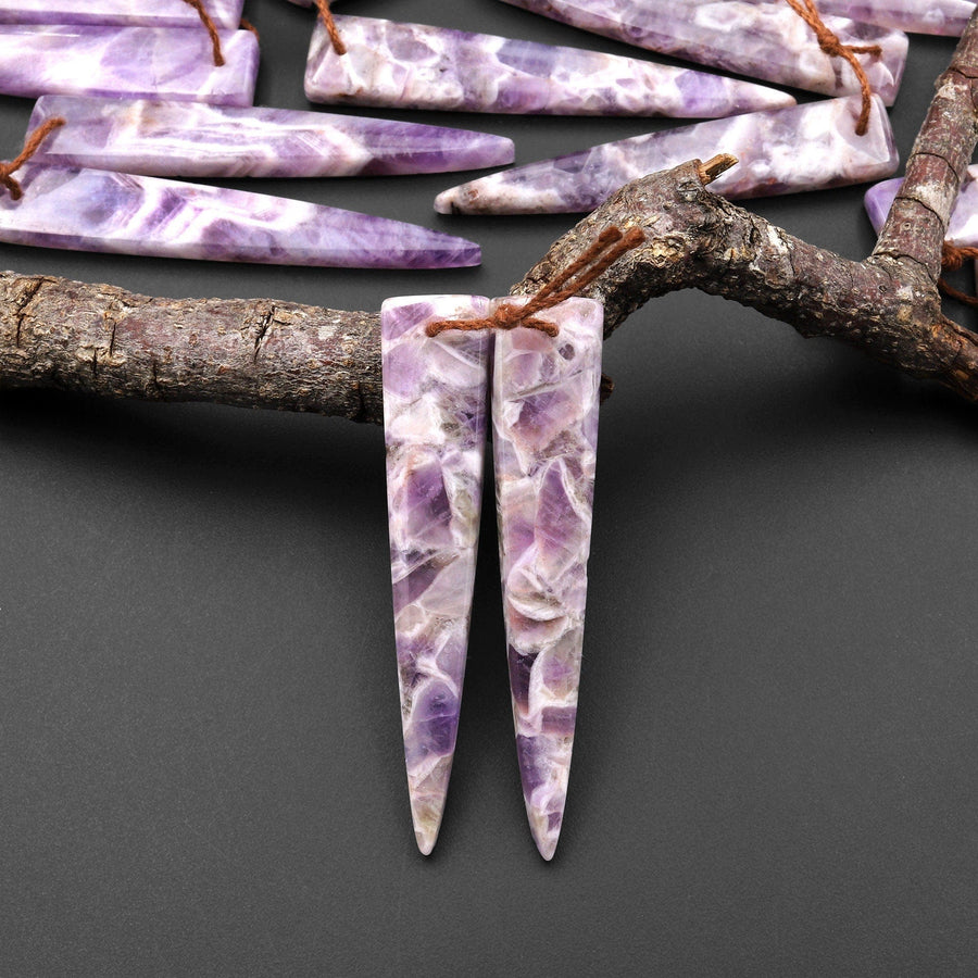 Drilled Natural Chevron Amethyst Earring Pair Dagger Modern Long Point Triangle Matched Gemstone Beads A2