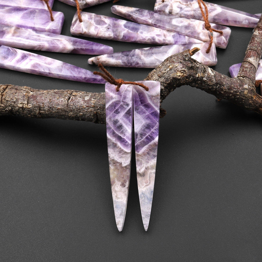 Drilled Natural Chevron Amethyst Earring Pair Dagger Modern Long Point Triangle Matched Gemstone Beads A4