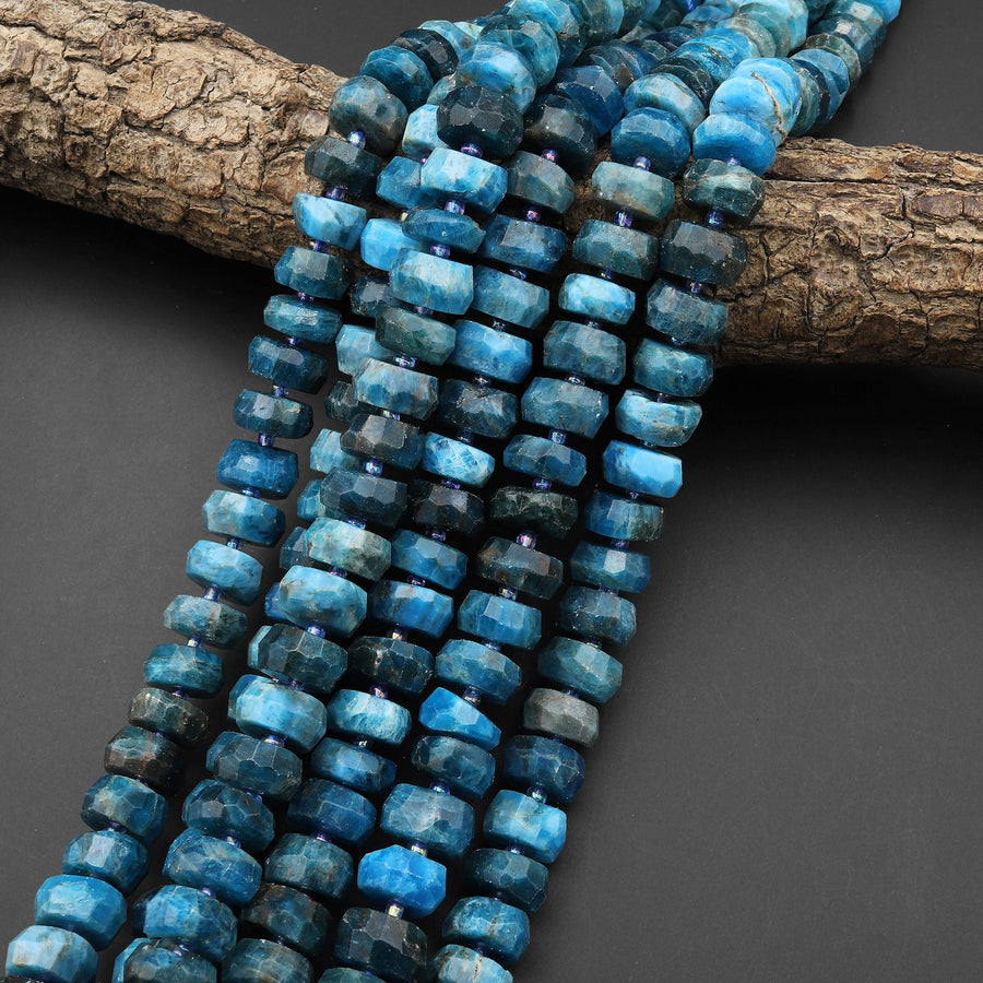 Large Faceted Natural Blue Apatite 12mm 14mm 16mm Thick Rondelle Wheel Beads Center Drilled Gemstone 15.5" Strand