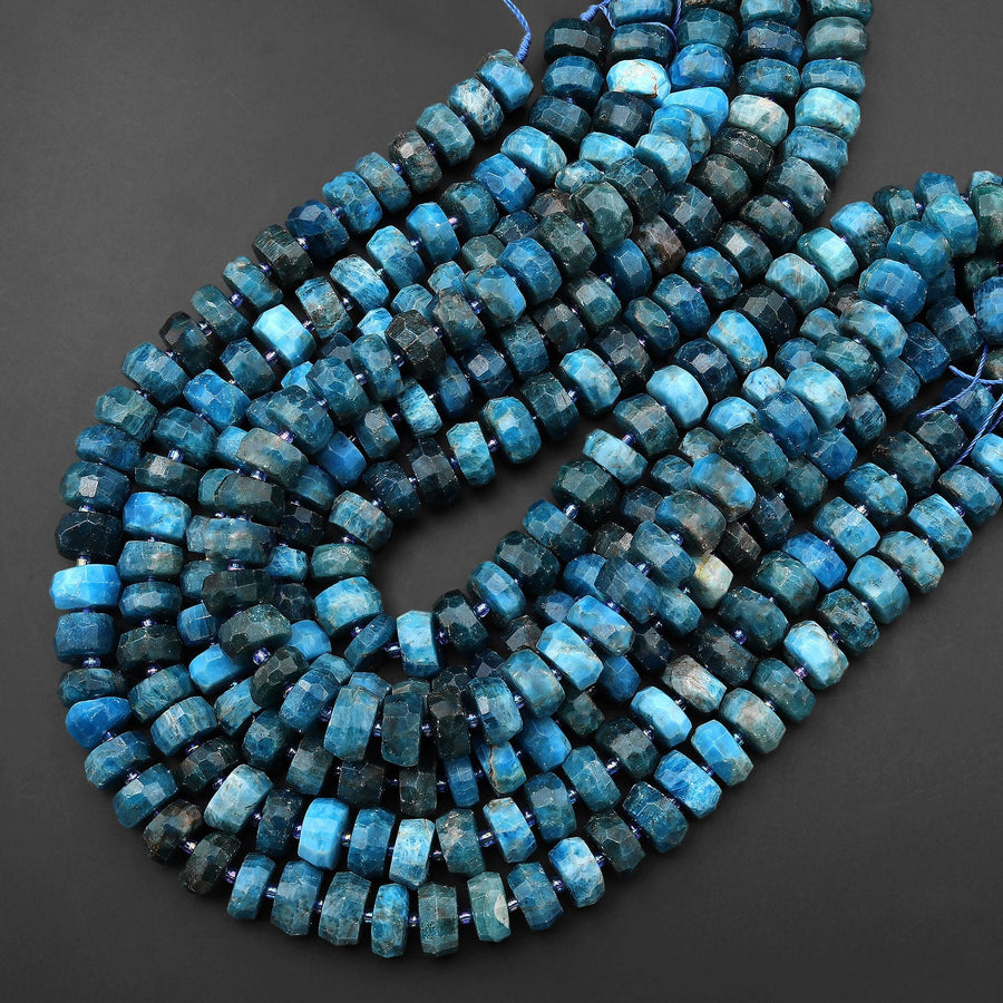 Large Faceted Natural Blue Apatite 12mm 14mm 16mm Thick Rondelle Wheel Beads Center Drilled Gemstone 15.5" Strand