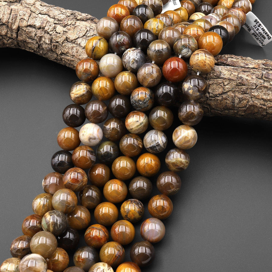 AAA Natural Petrified Wood Beads Fossil 14mm Earthy Brown Gemstone 15.5" Strand