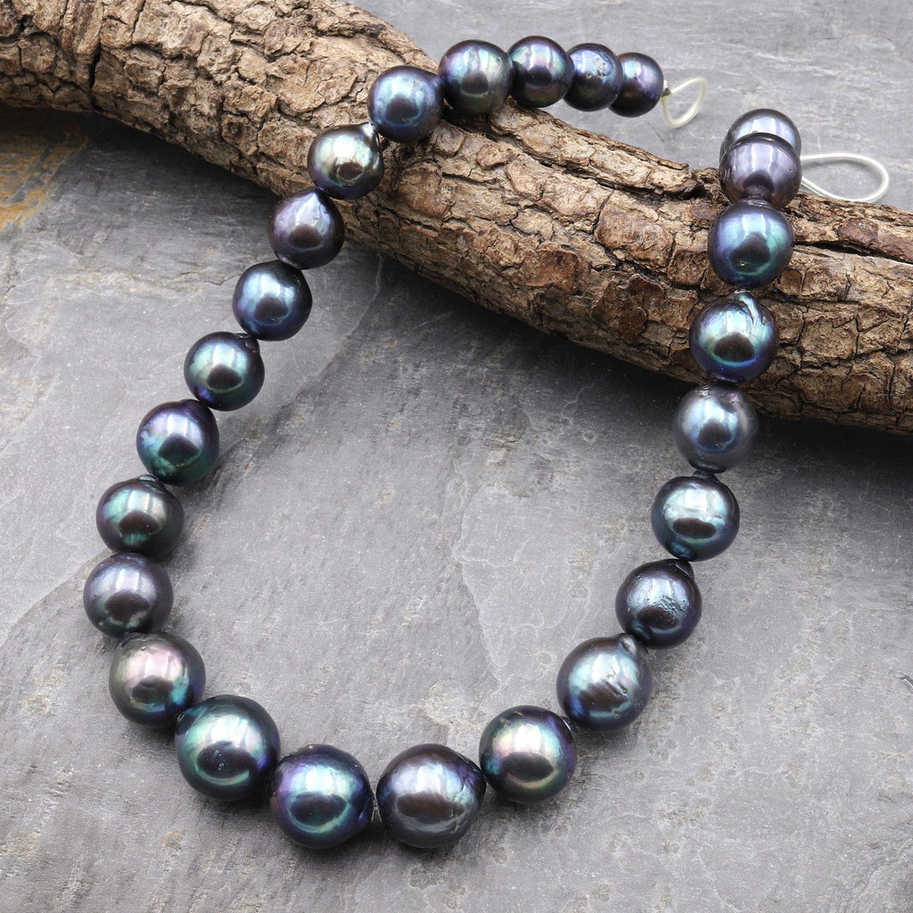 AAA Large Genuine Black Edison Freshwater Round Pearl Iridescent High Luster Pearl Aka Baroque Flame Ball 16.5" Strand A1
