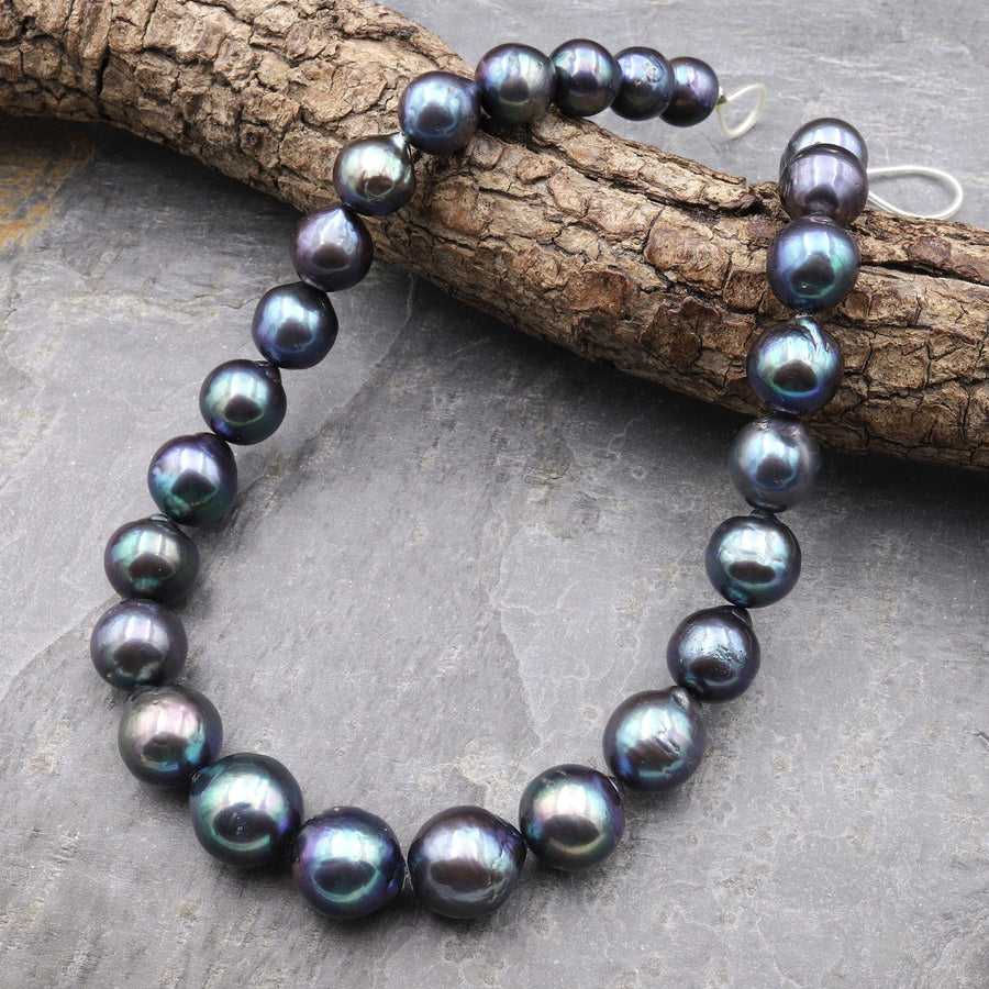 AAA Large Genuine Black Edison Freshwater Round Pearl Iridescent High Luster Pearl Aka Baroque Flame Ball 16.5" Strand A1