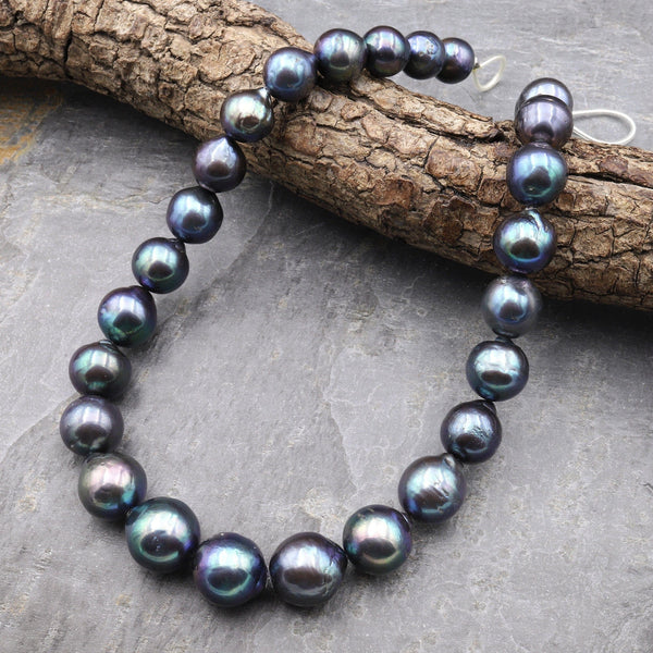 AAA Large Genuine Black Edison Freshwater Round Pearl Iridescent High Luster Pearl Aka Baroque Flame Ball 16.5" Strand A1