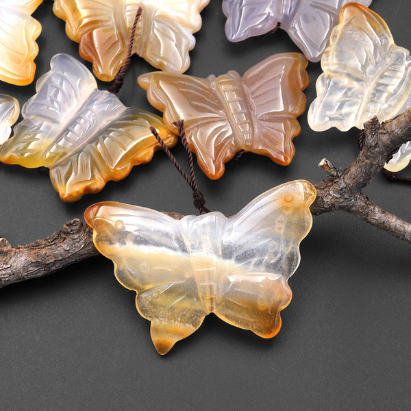 Hand Carved Natural Carnelian Agate Butterfly Pendant Vertically Drilled Gemstone Focal Bead Soft Creamy Orange Yellow Beige Colors