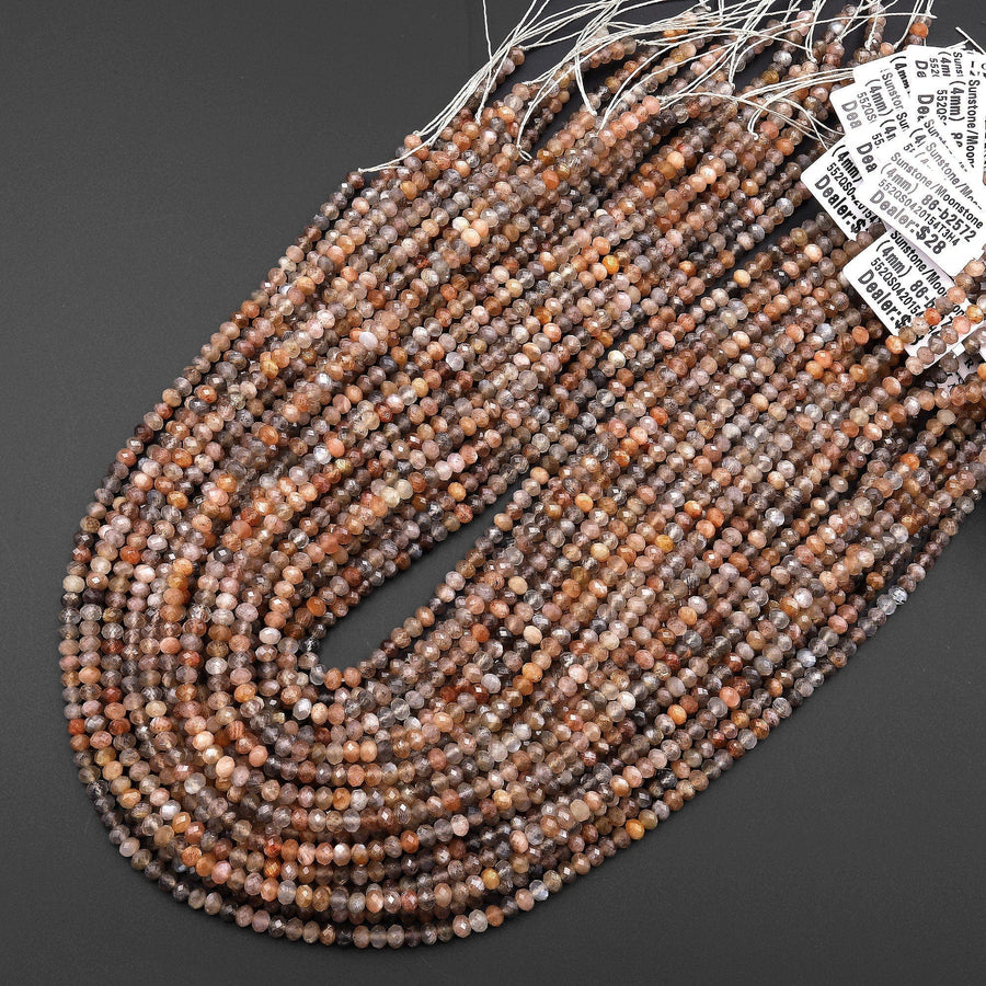 AAA Faceted Natural Sunstone Moonstone Rondelle Beads 4mm 15.5" Strand