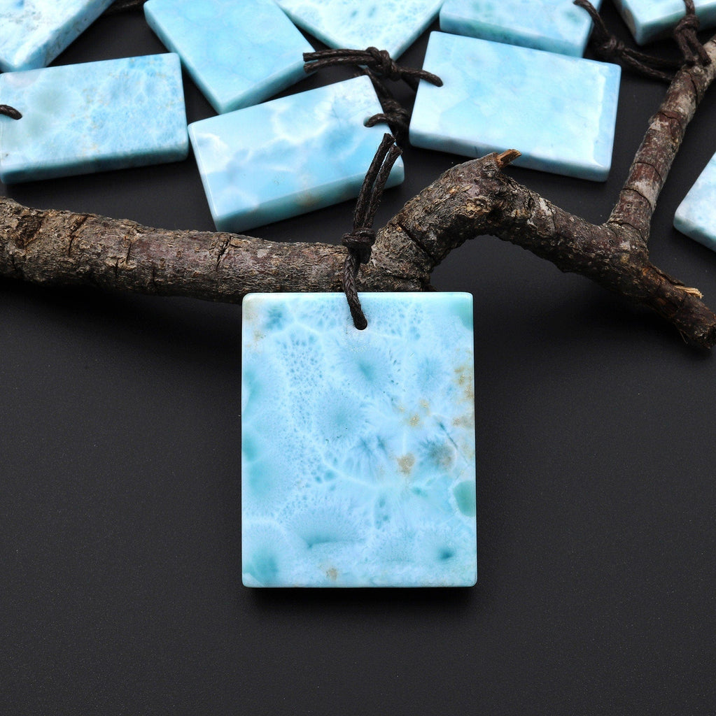 Natural Blue Larimar Rectangle Pendant Drilled Genuine Real Blue Larimar Gemstone Focal Bead A1