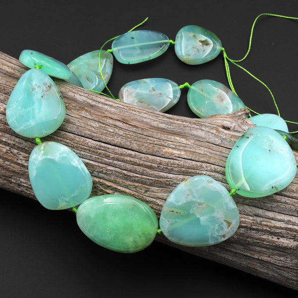 Large Translucent Natural Australian Green Chrysoprase Freeform Oval Beads Gemstone 15.5" Strand