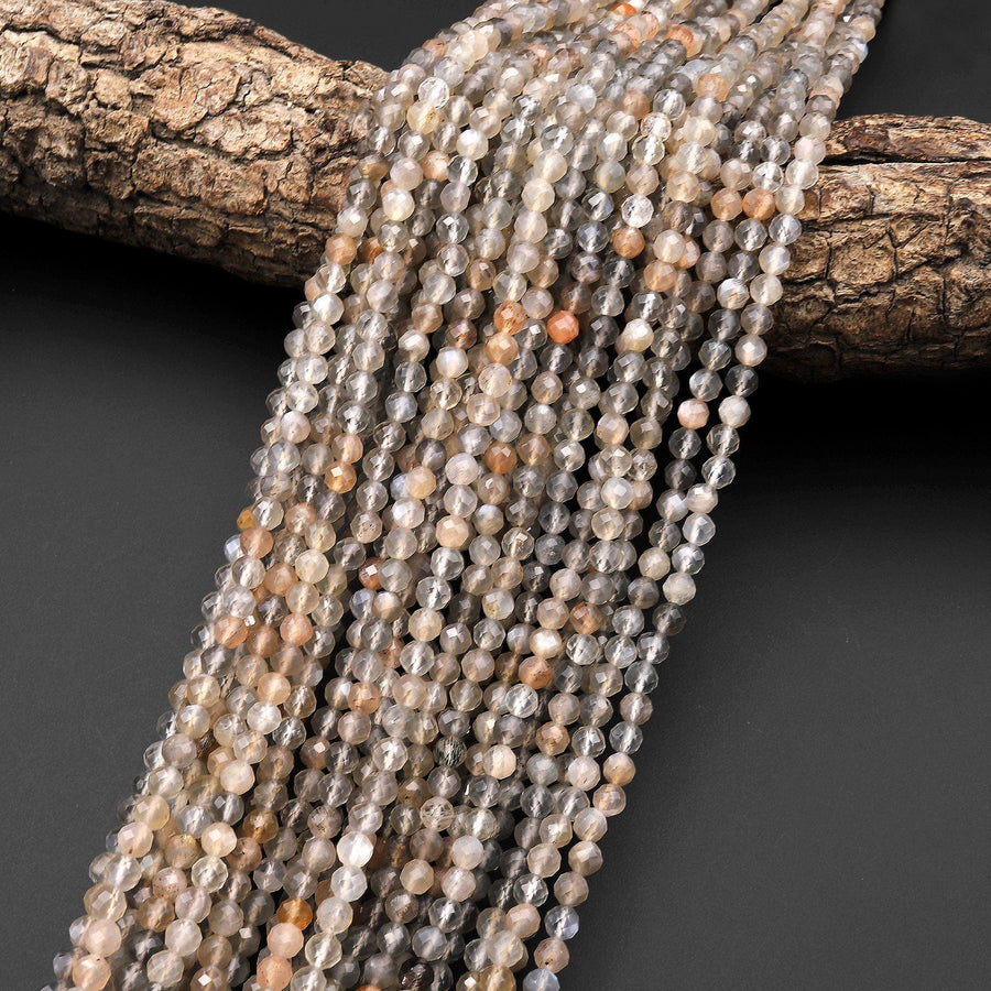 AAA Shimmering Faceted Natural Silvery Peach Gray Moonstone 4mm Round Beads 15.5" Strand