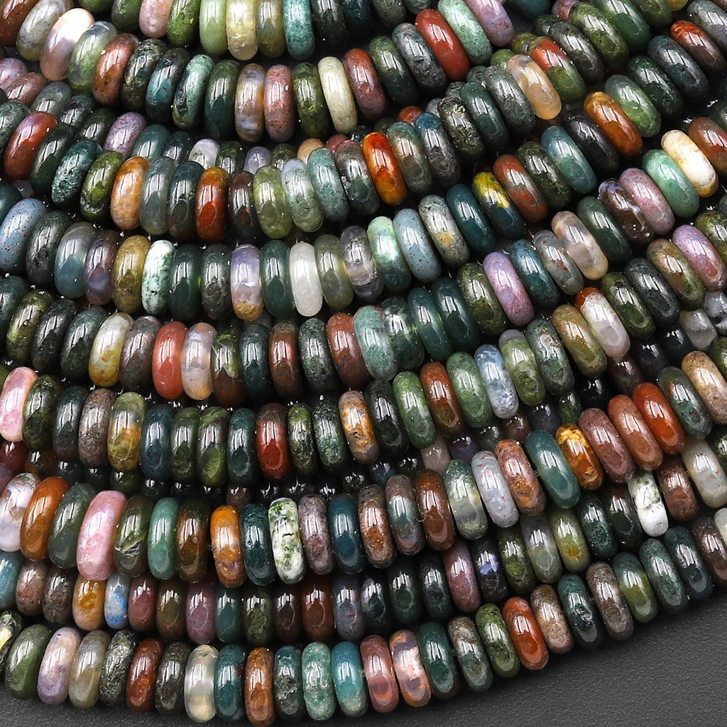 Natural Indian Agate 6mm Smooth Thin Rondelle Beads Aka Green Red Bloodstone 15.5" Strand