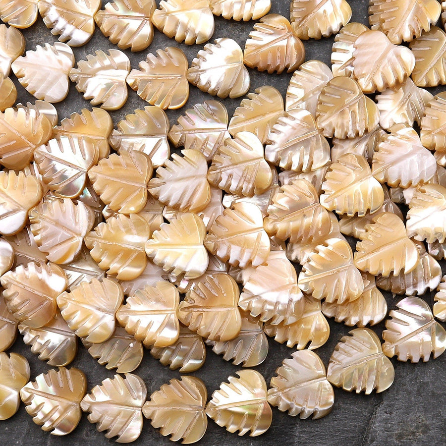 AAA Iridescent Hand Carved Natural Brown Mother of Pearl Beads Heart Palm Leaf Shape 15.5" Strand