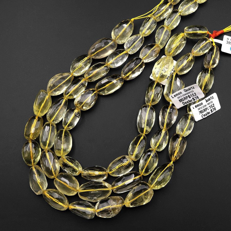 AAA Faceted Real Genuine Natural Lemon Quartz Faceted Freeform Oval Nuuget Beads 15.5" Strand
