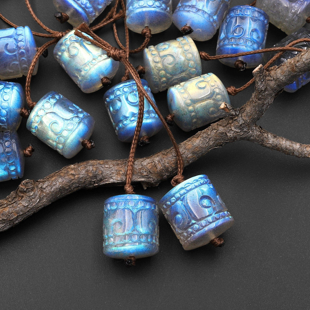 AAA Natural Labradorite Hand Carved Tube Cylinder Gemstone Matched Earring Pair Beads A1