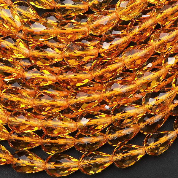 Faceted Golden Citrine Teardrop Beads Vertically Drilled Gemstone 15.5" Strand