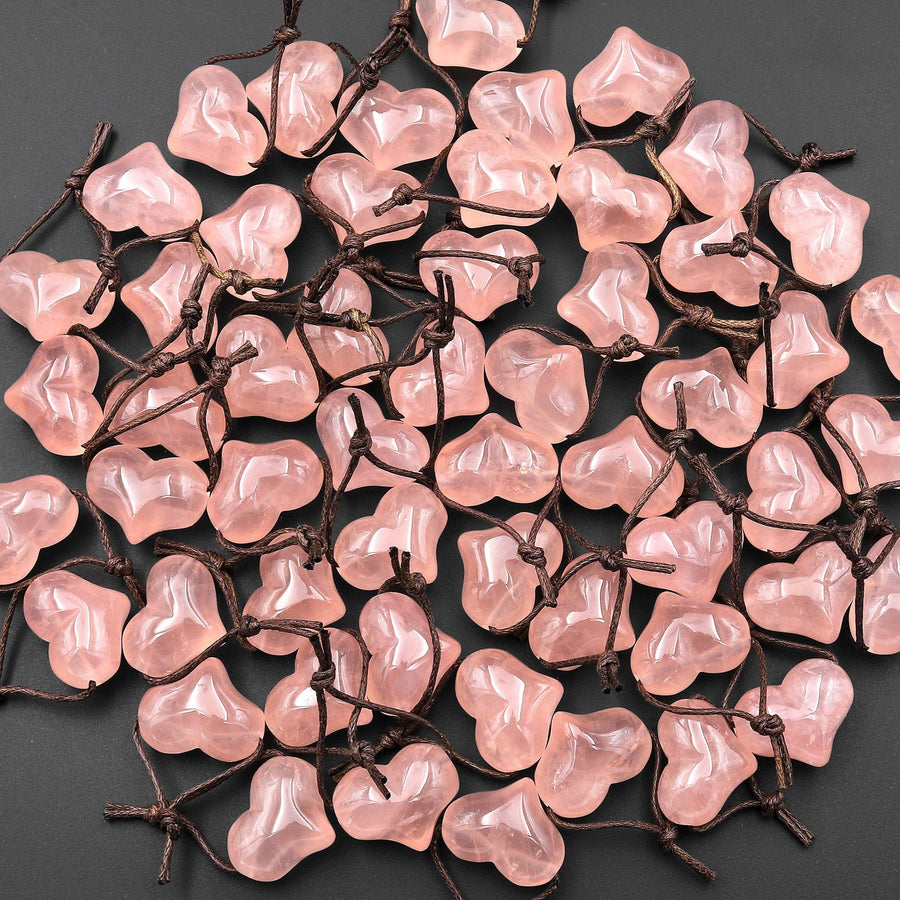 AAA Natural Rose Quartz Puffy Heart Pendant Side Drilled Peach Pink Gemstone Crystal Focal Bead