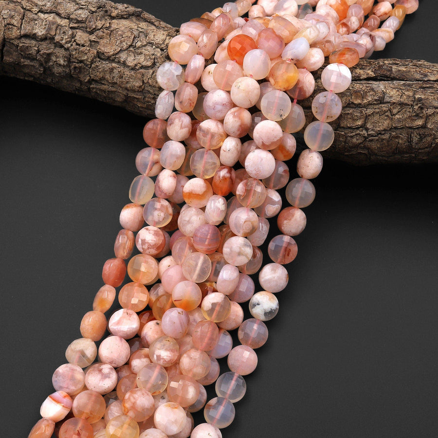 Faceted Natural Cherry Blossom Agate Coin Beads 10mm 15.5" Strand