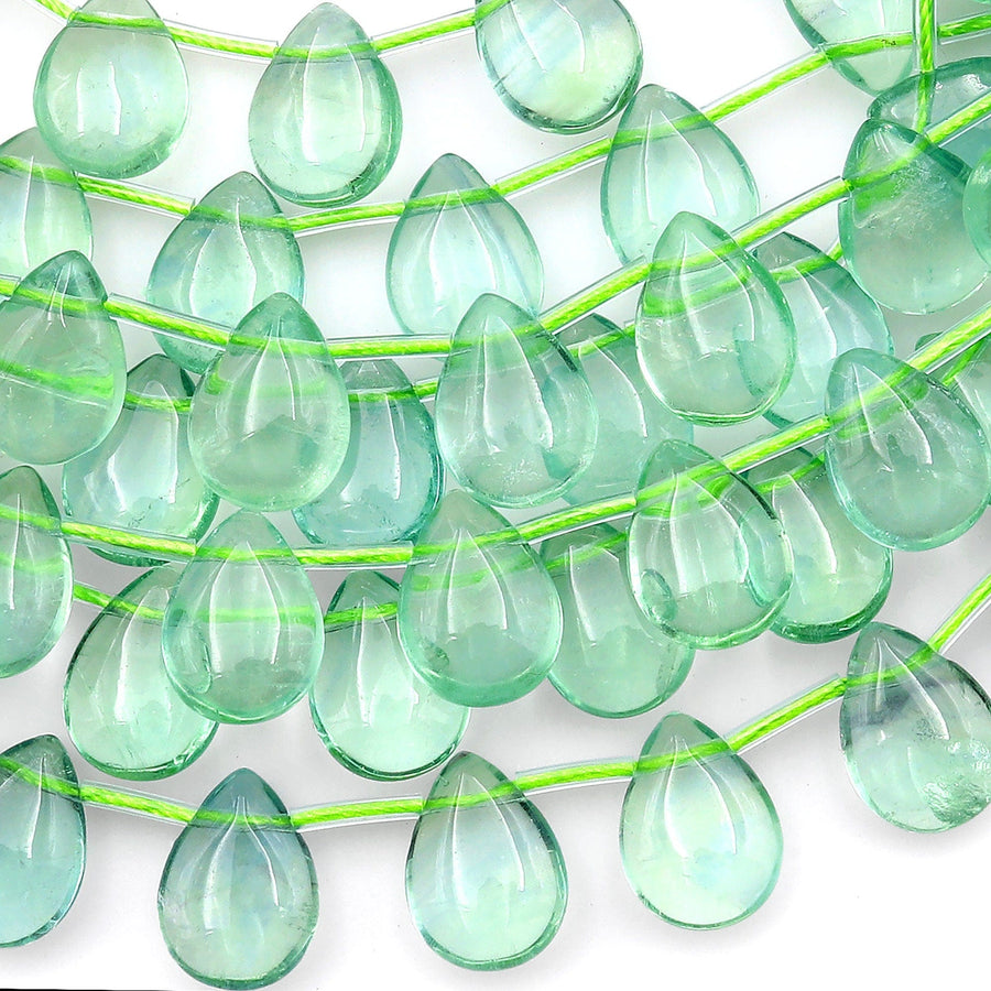 Natural Green Fluorite Smooth Briolette Teardrop Beads 12mm 14mm Good for Earrings 8" Strand