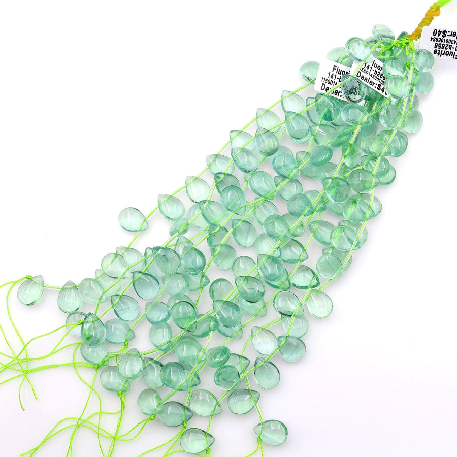 Natural Green Fluorite Smooth Briolette Teardrop Beads 12mm 14mm Good for Earrings 8" Strand