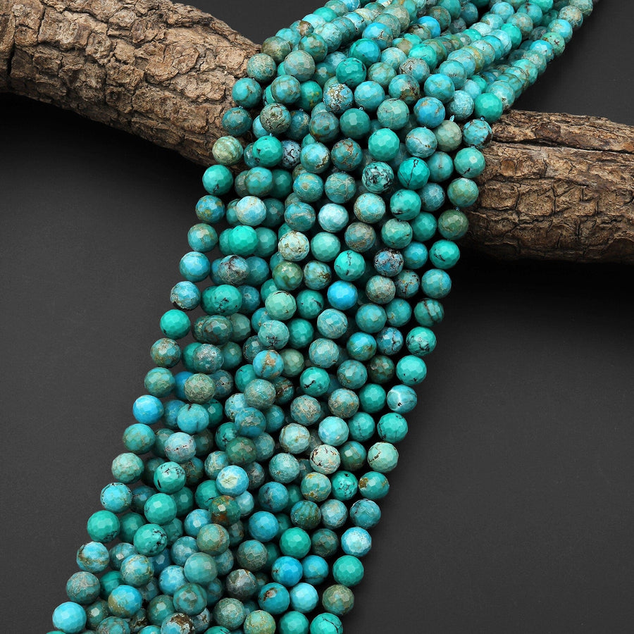 AAA Faceted Natural Turquoise 7mm 8mm Round Beads Real Genuine blue Green Gemstone 15.5" Strand