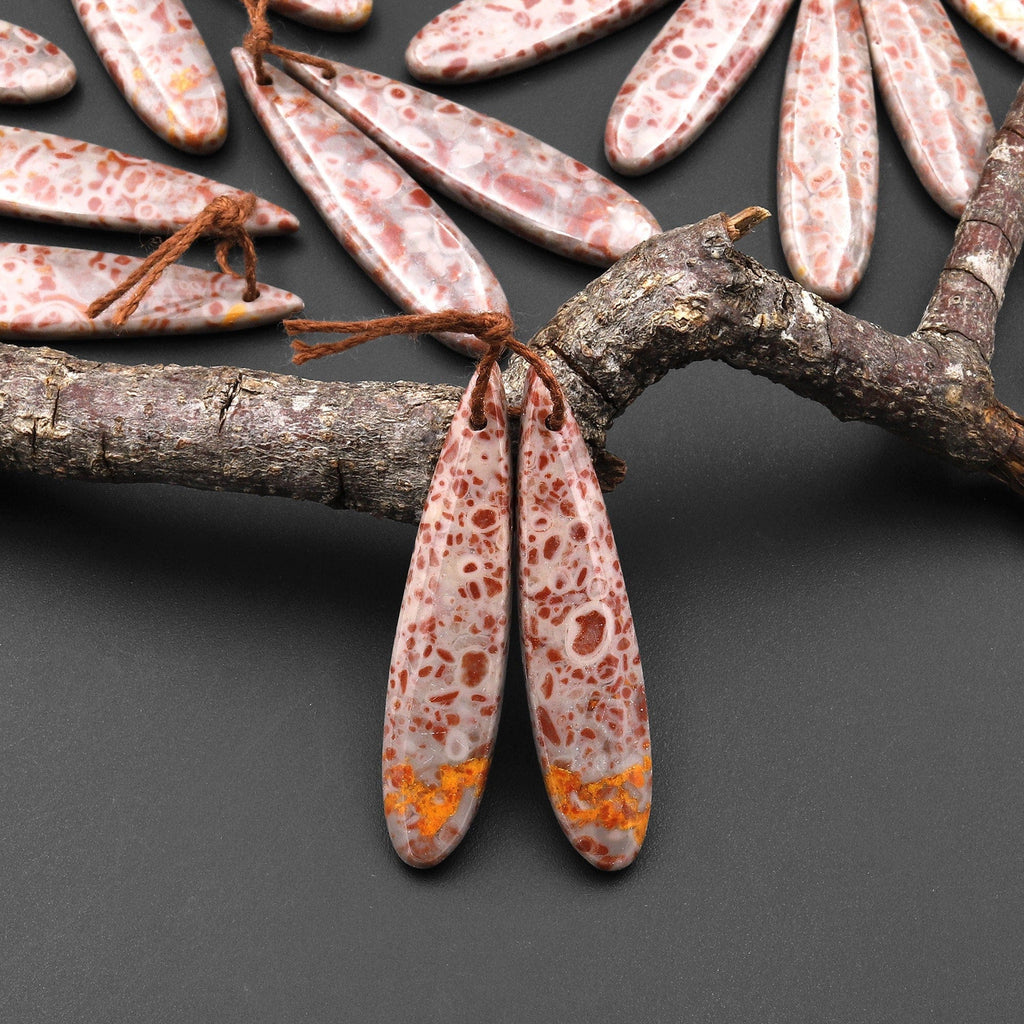 Natural Leopard Skin Orbicular Jasper Earring Pair Gemstone Drilled Matched Long Teardrop Beads A2