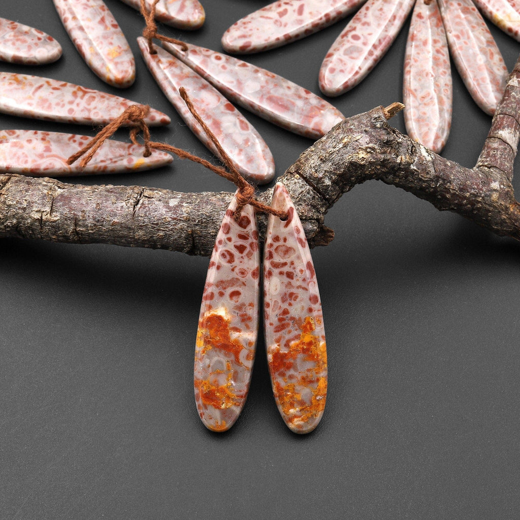 Natural Leopard Skin Orbicular Jasper Earring Pair Gemstone Drilled Matched Long Teardrop Beads A3