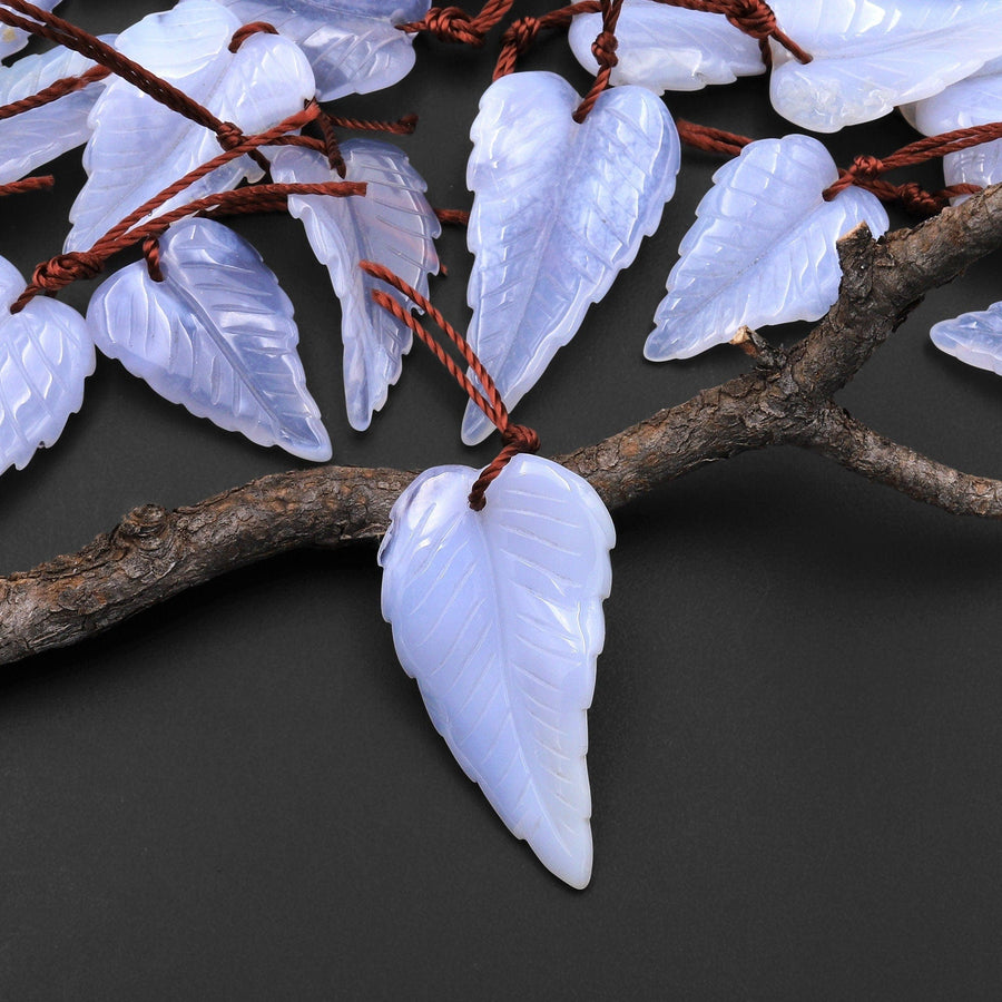 Hand Carved Natural Blue Chalcedony Lace Agate Leaf Pendant Bead Drilled Gemstone A3